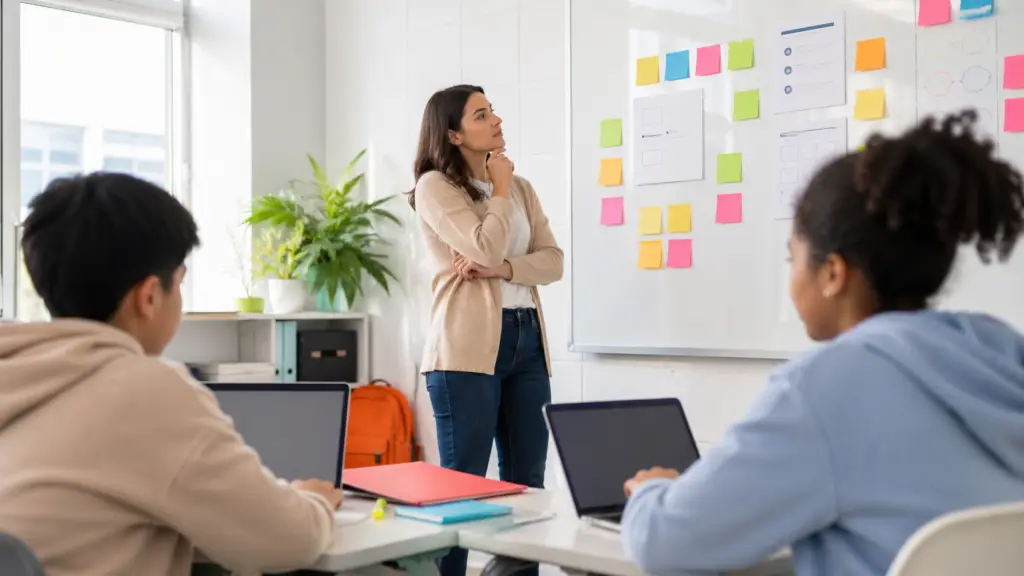 Teacher in front of a sticky-note-covered wall reviewing a project plan; diverse students at desks with laptops in soft-focus foreground; modern bright classroom