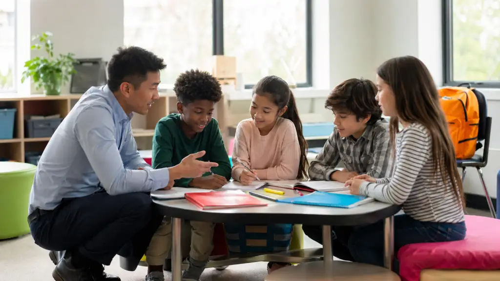 Teacher kneeling next to a small group of 4 diverse K-12 students at a low table, gesturing toward their work and asking a guiding question; warm engaged expressions