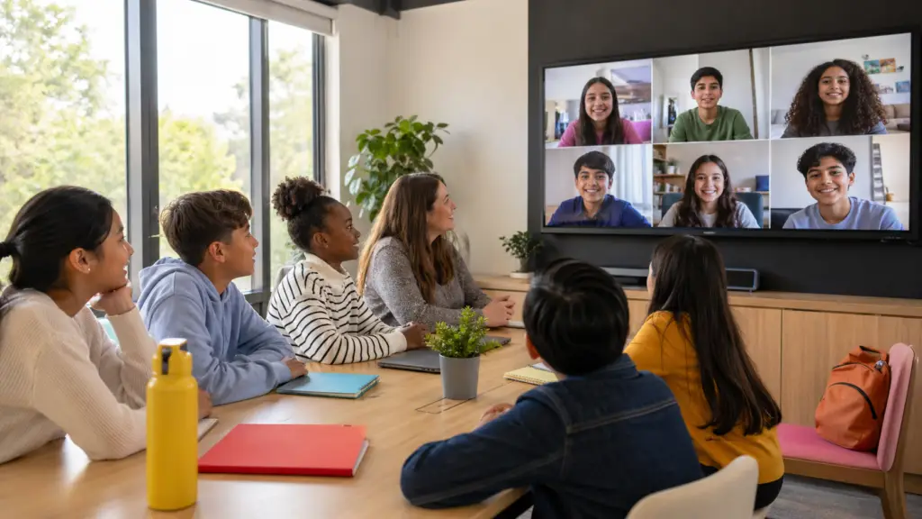 Teacher and 4-5 diverse K-12 students at a long table looking at a wall display showing video grid of peer students from another country; modern bright classroom
