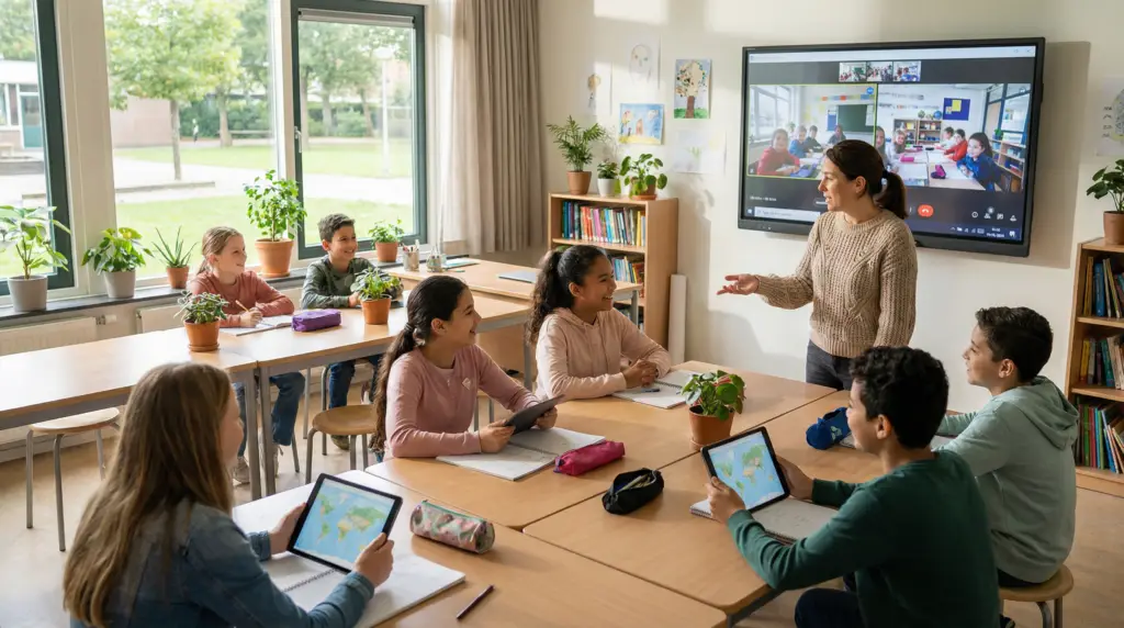 International collaborative learning in action — diverse students use tablets while their teacher facilitates a live video exchange with a partner classroom