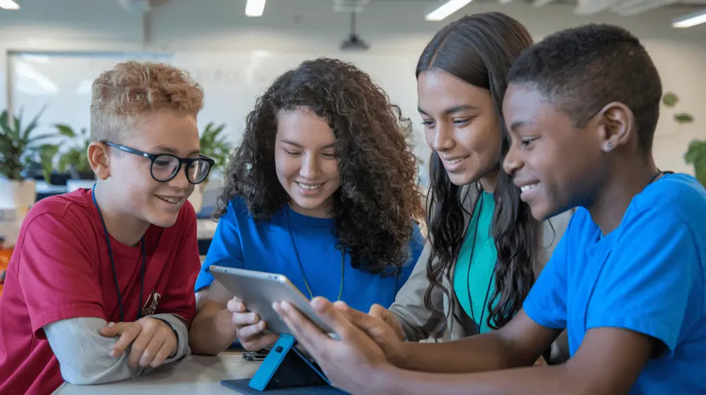 Diverse group of students collaborating on a digital project