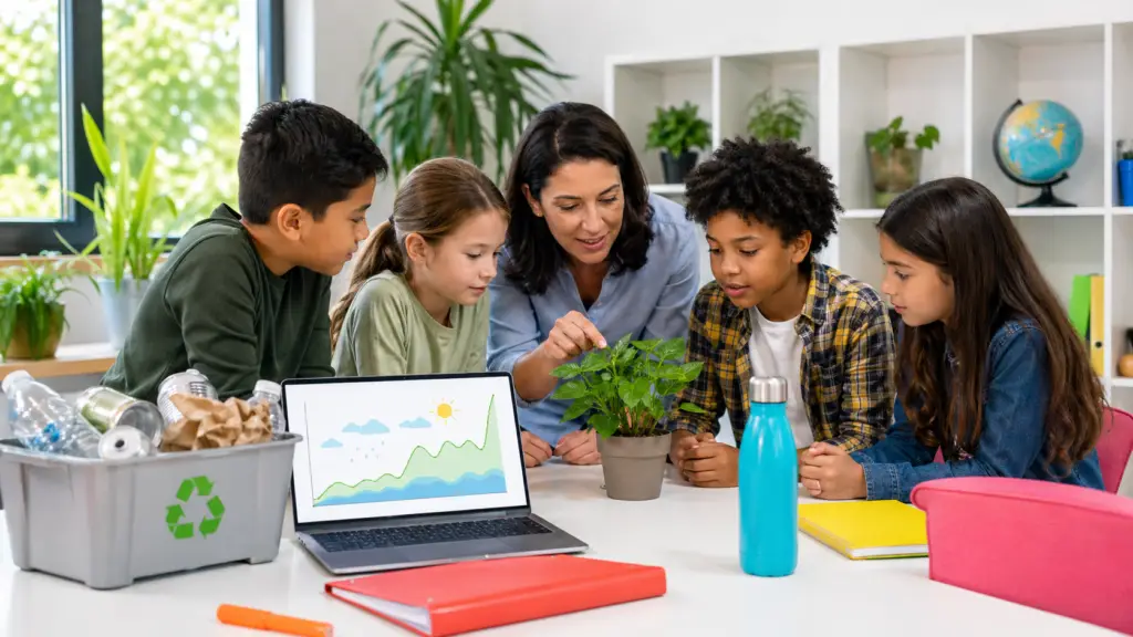 Teacher and 3-4 diverse students gathered around a science table with a potted plant, recycling bin, and laptop showing a climate graph; modern bright classroom with green plants