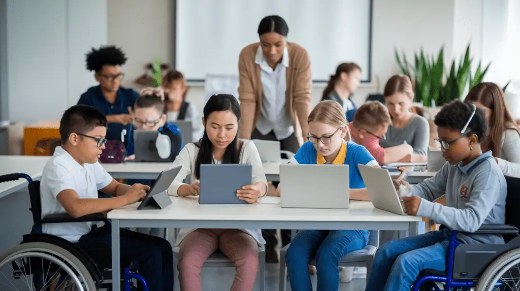 Diverse group of students workinng on digital projects