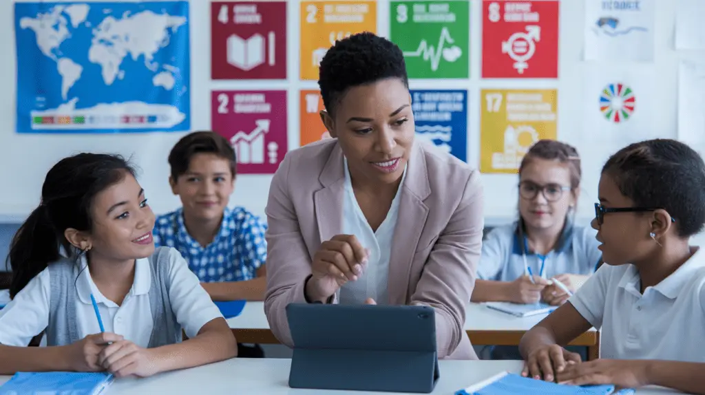 K-12 teacher presenting to engaged classroom of students