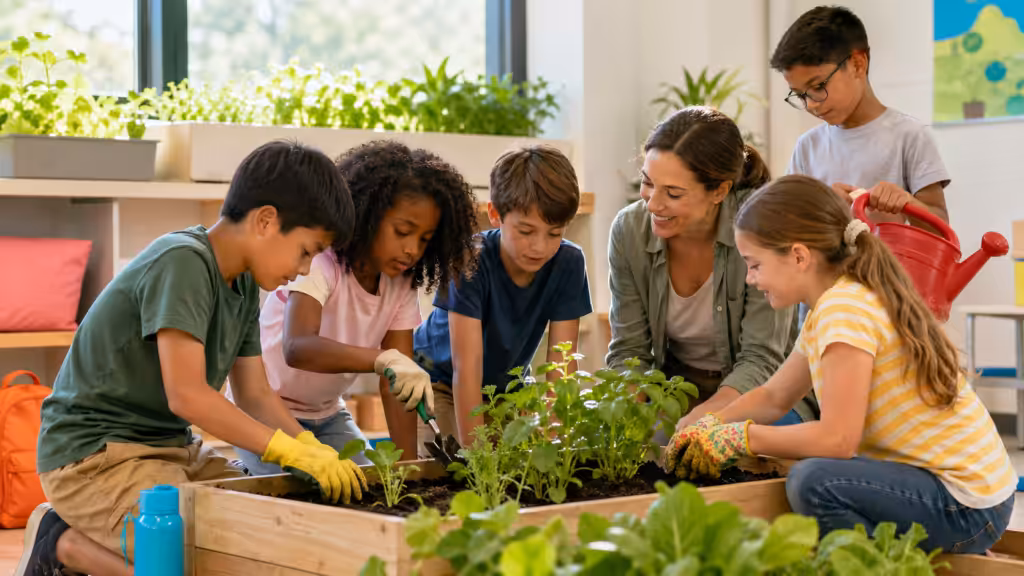 Teacher and 4-5 diverse K-12 students tending to a small classroom garden in window planters; lush green plants and natural sunlight