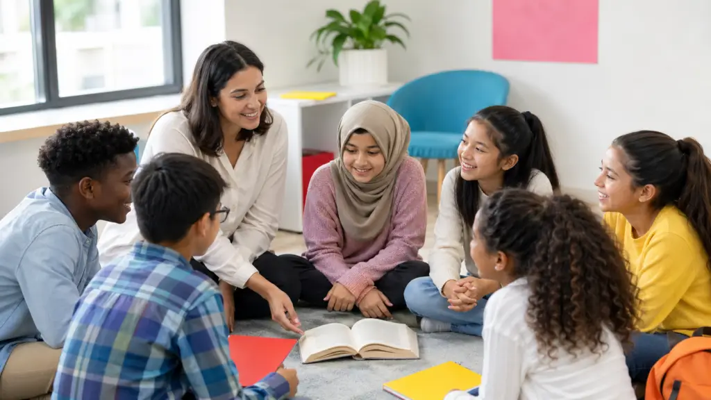Teacher and 5-6 diverse students of different cultural backgrounds seated in a circle around an open book; bright modern inclusive classroom