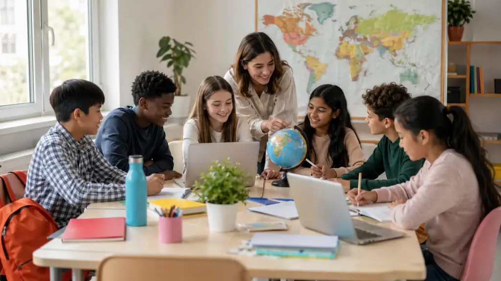 Modern bright international school classroom with 6 diverse K-12 students of different cultural backgrounds working together at a long table on a shared collaborative project; teacher leaning in helping; world map in background