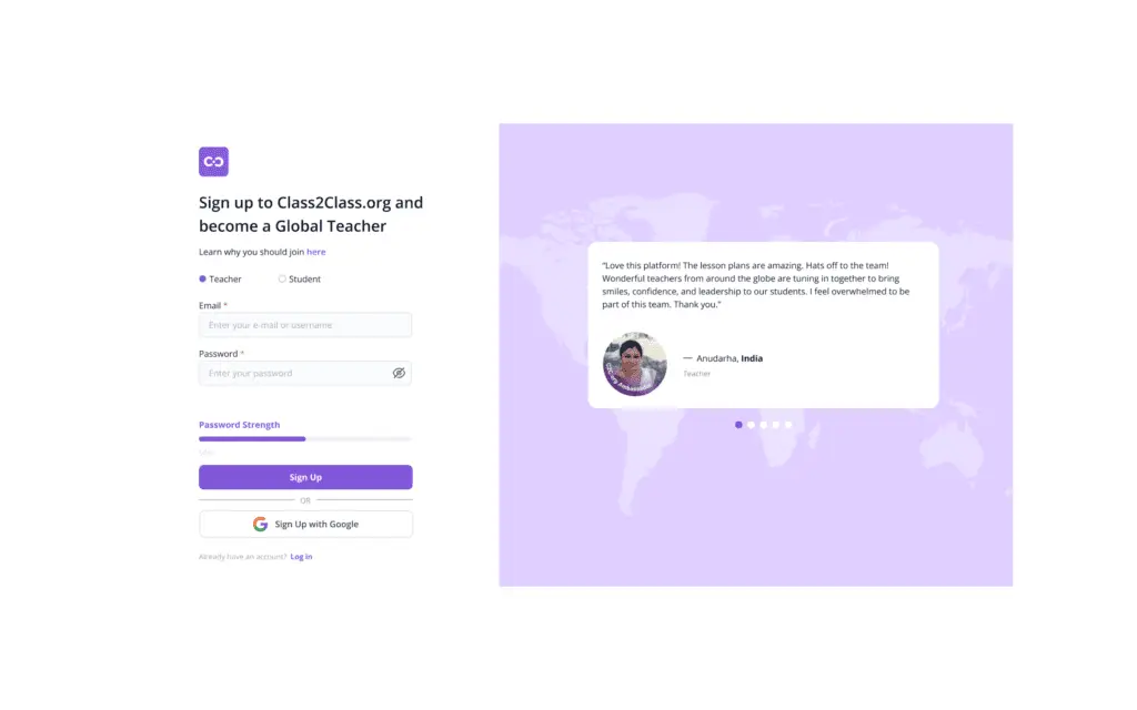 Educator signing up for Class2Class virtual exchange