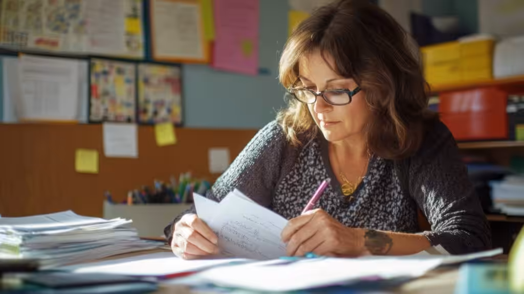 How to make school projects easier — teacher planning a simple project based learning lesson at her classroom desk