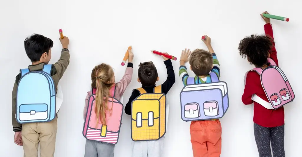 Elementary students with backpacks walking together at school