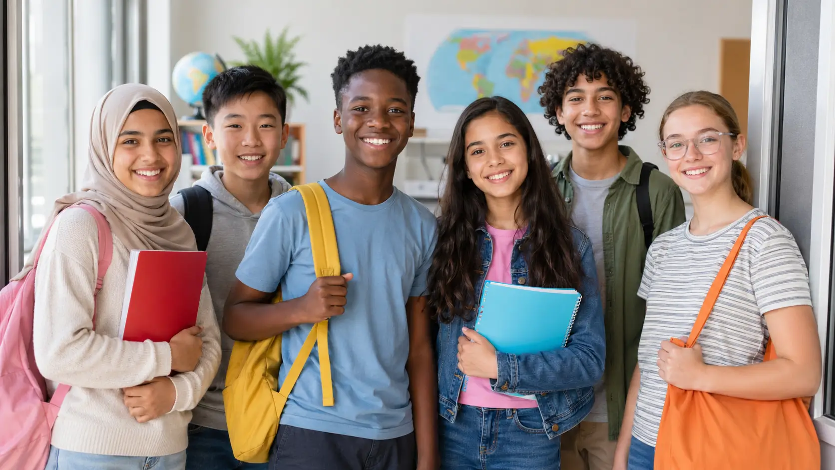 Six diverse students from different countries standing together with a globe — International Youth Day global classroom connection